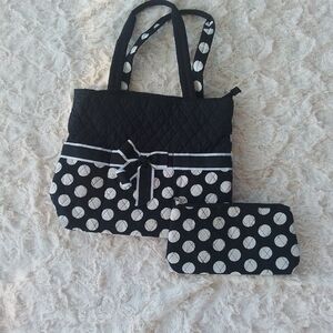 Belvah Elegant Black and White Tote Bag with Pouch